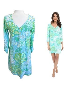 Lilly Pulitzer Palmetto Dress M Lagoon Green Wave Rider Pima Cotton V-Neck